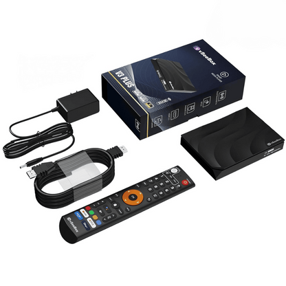vSeeBox V3 Plus Android TV box packaging, which contains a V3 Pro, a power supply, an HDMI cable and a Bluetooth remote control.