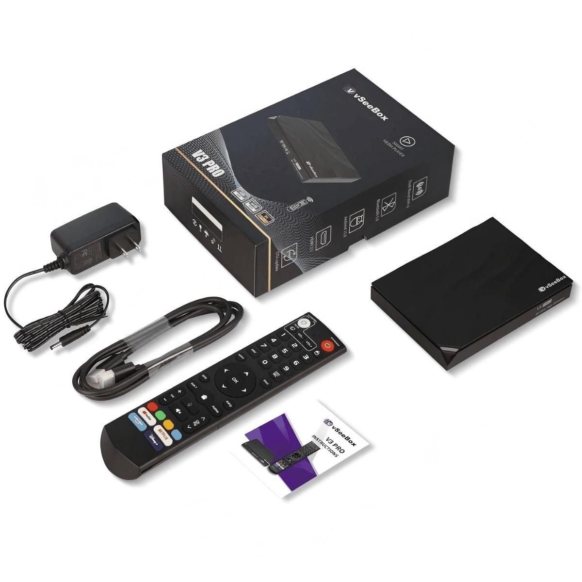 vSeeBox V3 Pro Android TV box packaging, which contains a V3 Pro, a power supply, an HDMI cable, a Bluetooth remote control and an instruction manual