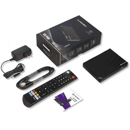 vSeeBox V3 Pro Android TV box packaging, which contains a V3 Pro, a power supply, an HDMI cable, a Bluetooth remote control and an instruction manual
